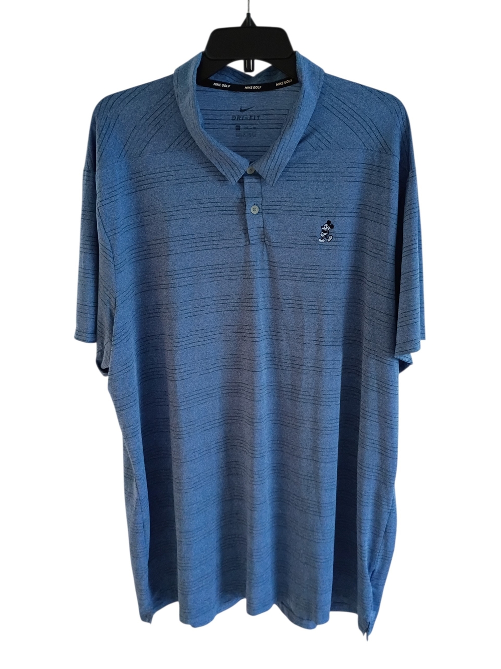 NIKE Golf Dri-Fit Polo Shirt Men 2XL Blue Striped Performance Mickey Logo EUC